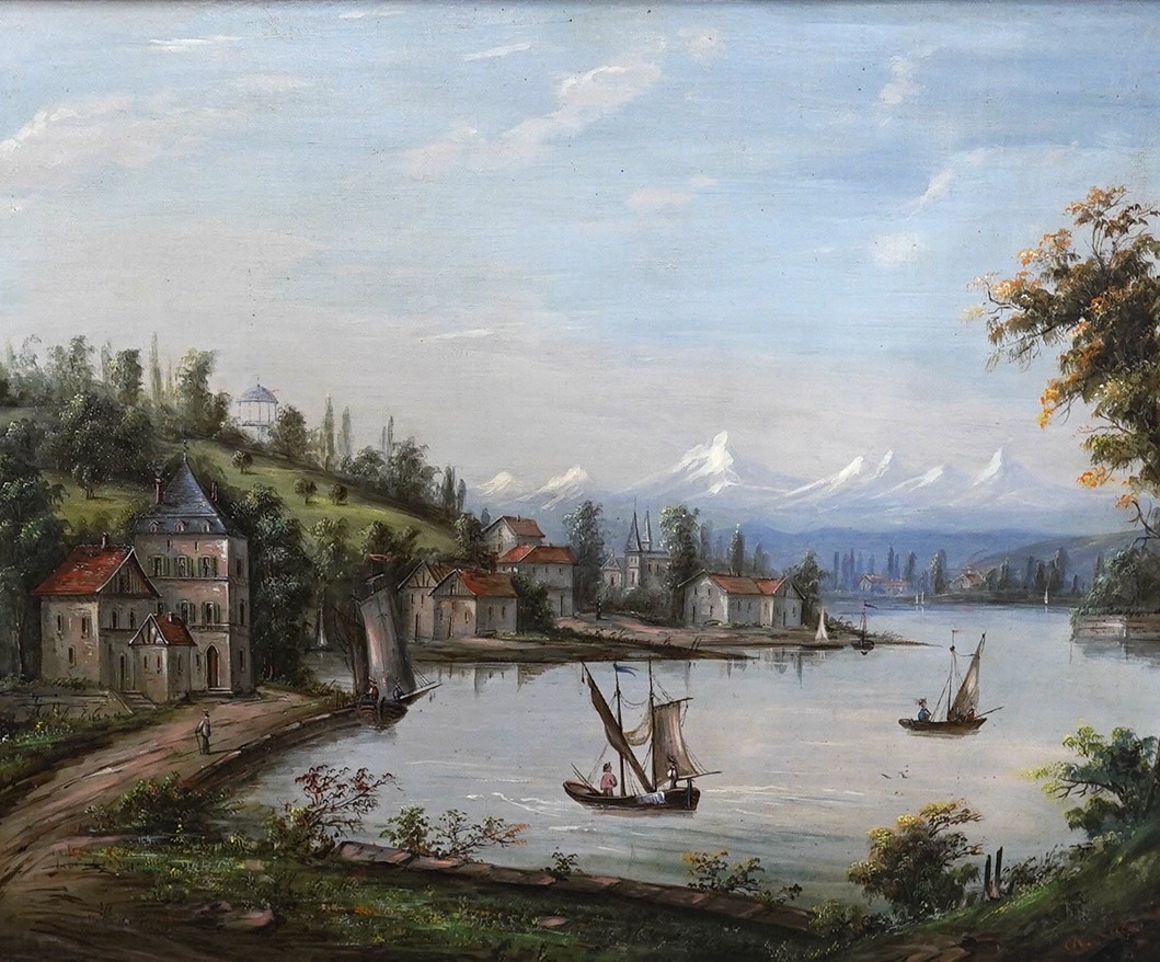 De Lucas?, oil on canvas, Swiss lakeside landscape with chalets, signed, 57 x 70cm, ornate gilt frame. Condition - good